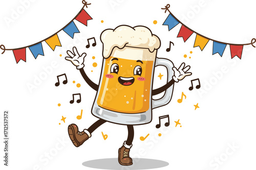 Cute cartoon beer mug dancing with happy face, Oktoberfest party celebration, music notes, fun festival drink mascot illustration vector
