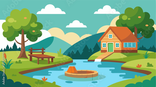 A tranquil pond nestled in the midst of a quaint picturesque village with a small wooden dock perfect for a picnic lunch.