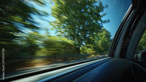 Blurred green trees and blue sky seen from a moving car window, conveying speed and travel on a sunny day.