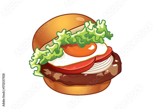 Delicious hamburger featuring a juicy beef patty, fresh lettuce, crispy tomato, and sunny-side-up egg in an appetizing presentation.