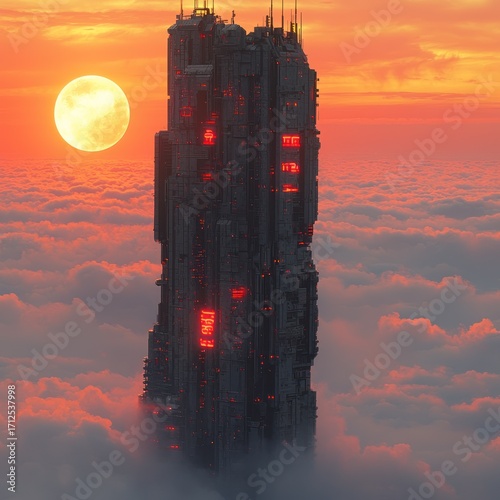 Towering Sci-fi Megastructure Piercing Clouds Under a Dramatic Red Sky