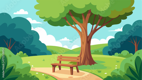 A tranquil glade with a small wooden bench nestled under a majestic oak tree inviting visitors to sit and take in the beauty of the forest.