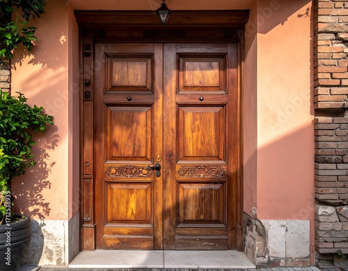 Ornate wooden double doors on a peach-colored building