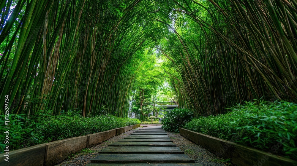 Fototapeta premium Lush green bamboo tunnel path