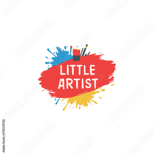 Vibrant "Little Artist" logo with colorful paint splatters and brushes for creative kids.