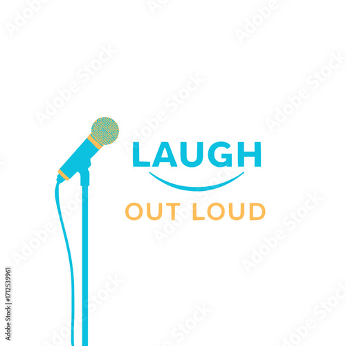 Dynamic microphone and "Laugh Out Loud" text promoting comedy, entertainment, or performance events.