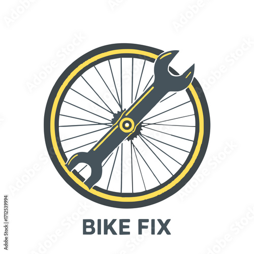 Professional bike wheel and wrench logo for repair services and cycling brands