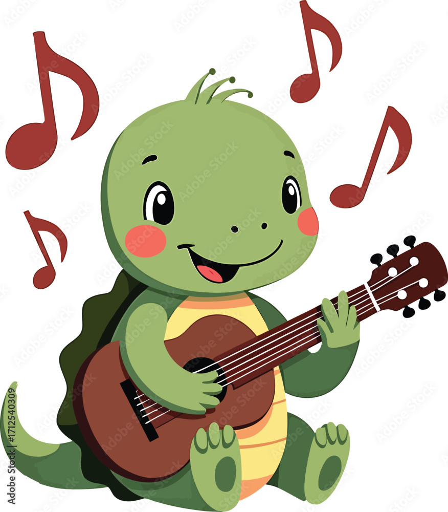 Obraz premium Cute turtle playing guitar with music notes, funny animal cartoon character
