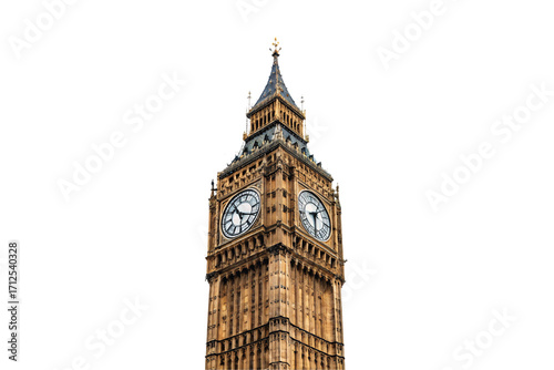 Big Ben clock tower showing detailed Victorian Gothic design and clock faces, isolated on a transparent background