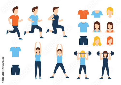 Collection of cartoon fitness people and sportswear for healthy lifestyle
