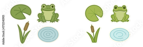 Adorable green frogs on lily pads with tall cattails and calm water ripples in a serene pond environment