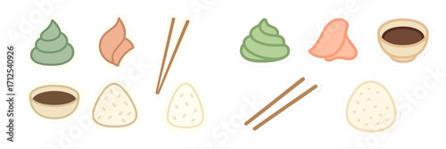 Stylized Japanese food condiments set featuring wasabi ginger soy sauce rice balls and chopsticks