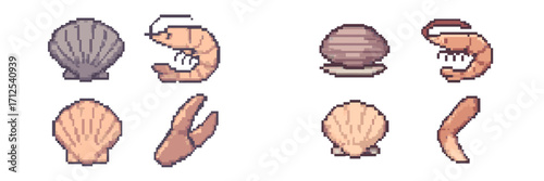 Pixel art showing different seafood items including shells and shrimp, created in a retro style, suitable for game design