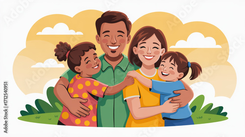 Happy family illustration vector, parents and children hugging, family love and togetherness concept design