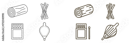 Fire starting tools and camping essentials: log, kindling, matchbox, bellows for outdoor activities