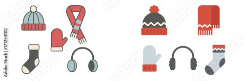 Collection of warm winter clothing accessories including hats, scarves, mittens, socks, and earmuffs for cold weather