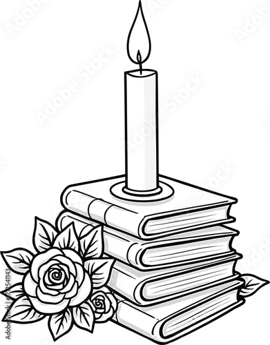 Burning candle placed on stacked books, symbolic black and white sketch art