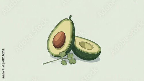 Avocado halves with cilantro drawing for healthy eating and vegan food illustration, fresh organic fruit art