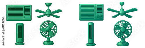 Collection of various green cooling appliances including air conditioners, ceiling fans, tower fans, and desk fans