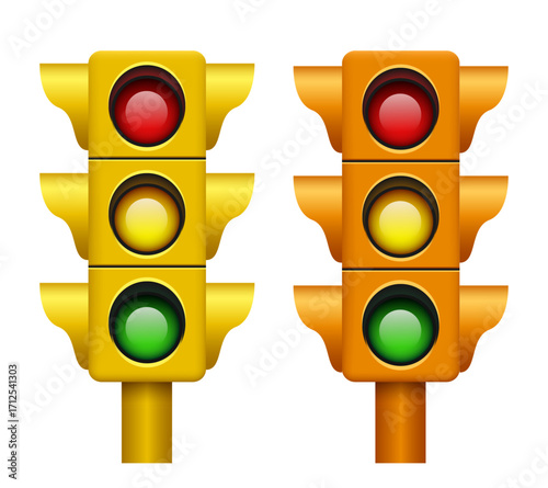 Traffic light set. Realistic 3D traffic light. Yellow traffic lights. Vector clipart.