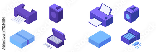 Digital printers and paper supplies in a vibrant, modern style for creative projects and office use
