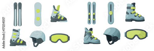 Essential winter sports equipment collection featuring skis, snowboard, ski boots, helmet, and goggles for snow activities
