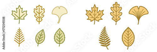 Stylized tree leaves in green and golden hues, a diverse collection of seasonal foliage including maple, oak, and ginkgo