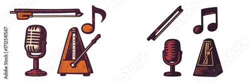 Collection of musical instruments and accessories including microphone, metronome, violin bow, and music notes