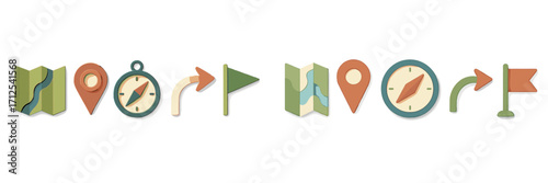 Essential navigation and location icons set featuring a folded map, compass, destination pin, directional arrow, and flag markers for travel and guidance