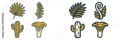 Diverse collection of stylized botanical elements featuring desert plants, various tropical leaves, and forest fungi icons