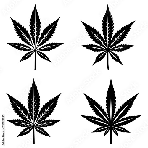 Four stylized cannabis leaves in black and white arranged in a square format on a white background