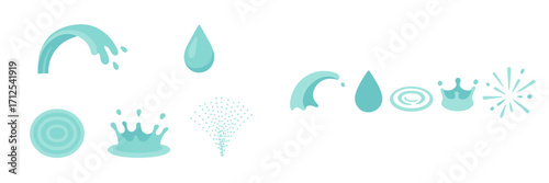 Stylized graphic set of dynamic aqua liquid splashes, falling drops, concentric ripples, and fine spray elements