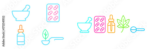 Herbal and pharmaceutical remedies neon line art collection with mortar pestle pills dropper bottle leaf spoon