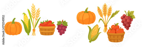 Abundant autumn harvest display with pumpkins, corn, wheat, apples, and grapes for seasonal celebrations