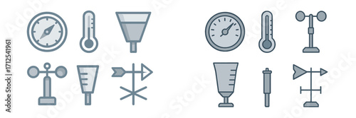 Weather forecasting and scientific laboratory measurement tools and instruments including compass, thermometer, anemometer, and rain gauge