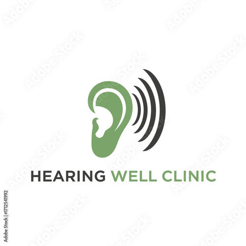 Modern Hearing Clinic Logo with Green Ear Symbol and Sound Waves for Audiology, Hearing Aid Services, and Medical Health Branding