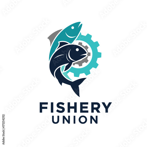 Modern Fishery Logo Vector with Two Fishes and Gear Symbol for Seafood Industry, Fishing Business, and Aquatic Branding