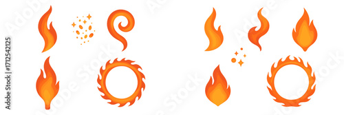 Stylized fire flames, swirling heat elements, glowing sparks, and decorative fiery borders collection