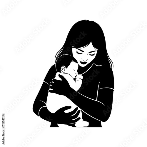 Loving mother holding her sleeping baby in a tender embrace silhouette isolated on white background