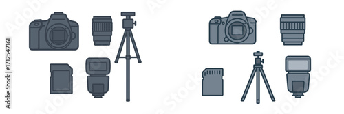 Essential photography equipment including DSLR cameras, lenses, tripods, and flashes for creative professionals