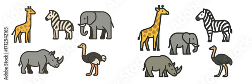 Collection of stylized African safari animals including giraffe, zebra, elephant, rhinoceros, and ostrich