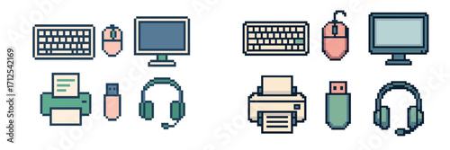 Collection of pixel art computer peripherals including keyboard mouse monitor printer USB drive headphones retro style
