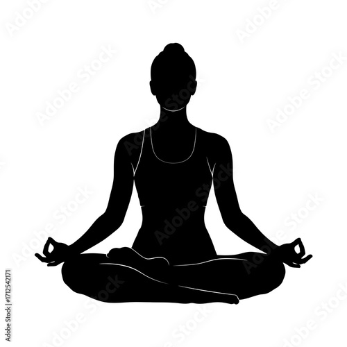 Woman meditating in lotus pose silhouette with hands in gyan mudra isolated on white background