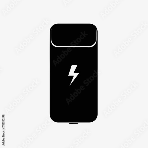 Black silhouette of a portable power bank with a lightning bolt symbol indicating charging isolated on white background