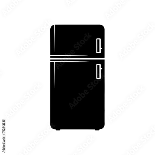 Black silhouette of a vintage refrigerator with two doors and handles isolated on white background silhouette