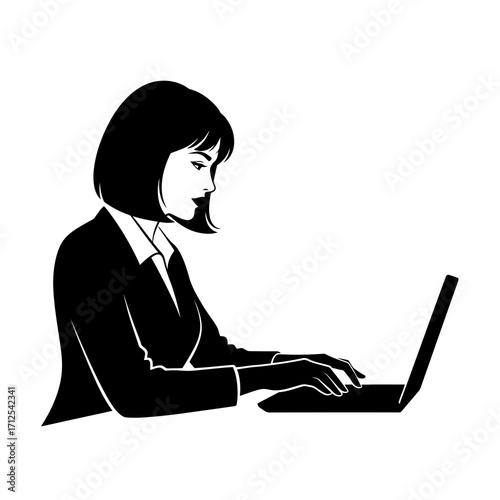 Professional woman in a suit typing on a laptop computer in a silhouette style isolated on white background