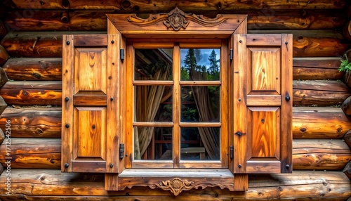 Ornate wooden window on log cabin