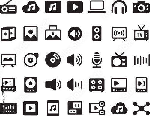 Media and Entertainment Icons Set Solid Style Vector Illustration for Digital Content Creation