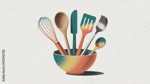 Kitchen utensils and cooking tools in a bowl for food preparation and baking equipment concept illustration