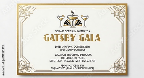 Elegant Gatsby Gala Invitation with Art Deco Gold Frame.